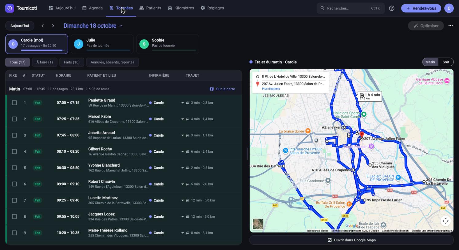 La tournée du matin avec le trajet sur Google Maps